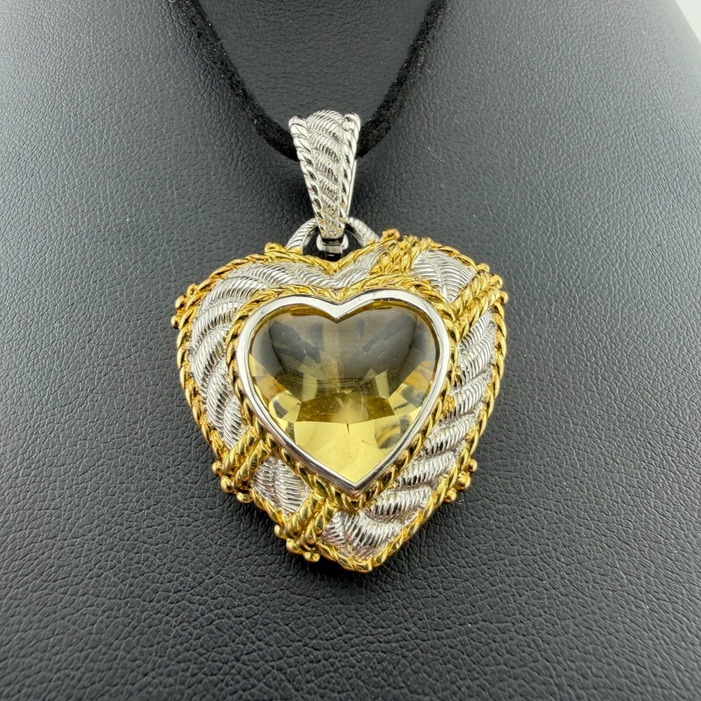 Judith Ripka 925 Silver Yellow Quartz Large Heart Enhancer Pendant Necklace